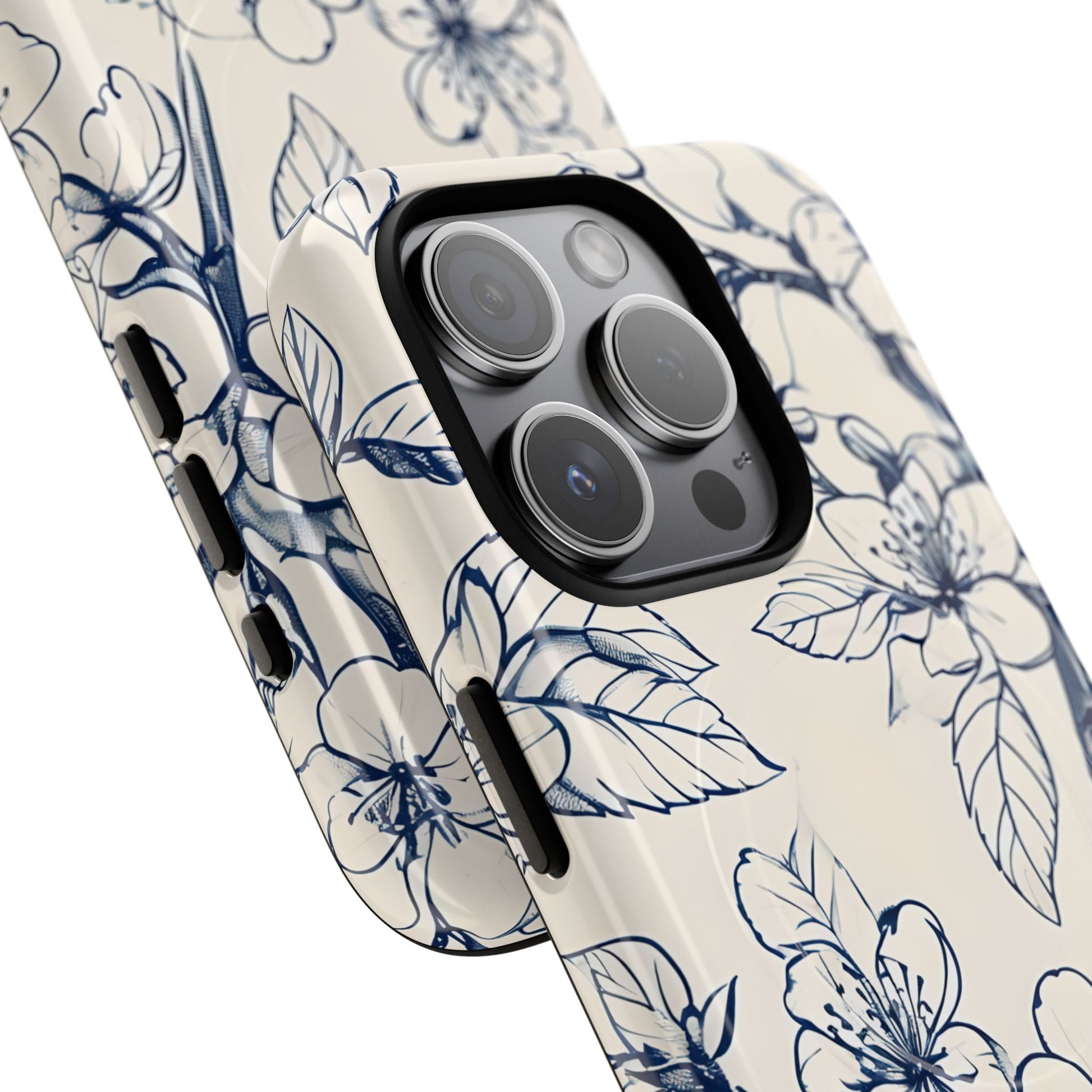 Blossom Sketch - Artistic Blue Floral - iPhone 15 Pro MagSafe Phone Case - Hand-Drawn Botanical Design