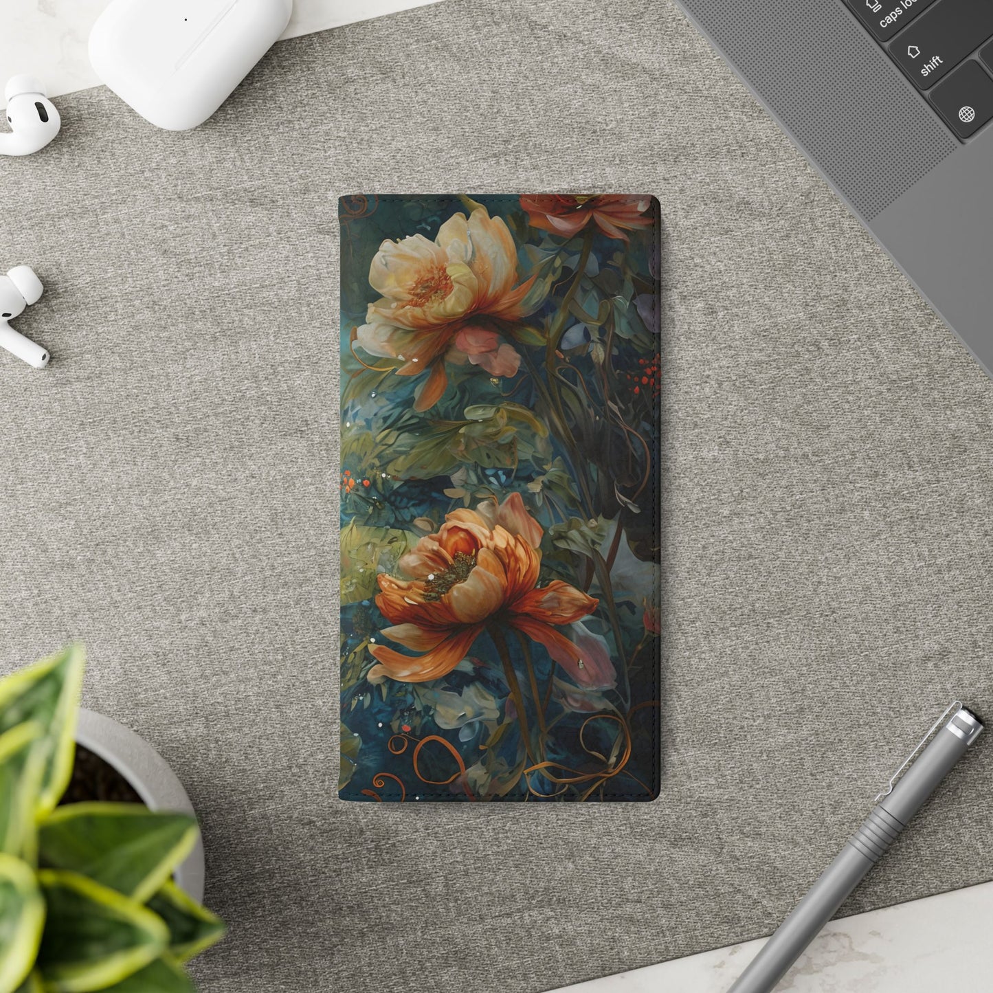 Waterlily Nocturne Samsung Galaxy wallet flip phone case on a desk beside stationery featuring painterly waterlily floral design and folio card holder