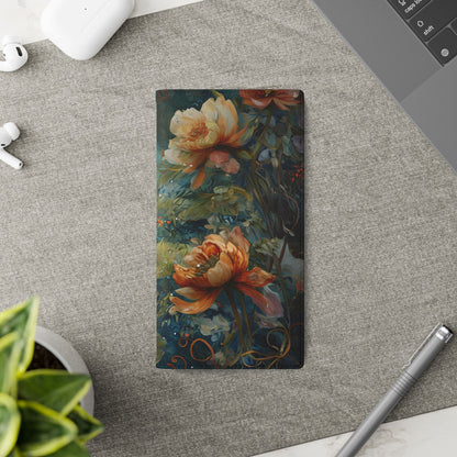 Waterlily Nocturne Samsung Galaxy wallet flip phone case on a desk beside stationery featuring painterly waterlily floral design and folio card holder