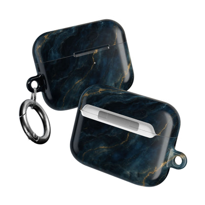 Two Midnight Marble AirPods cases angled view showing navy marble artwork on both sides