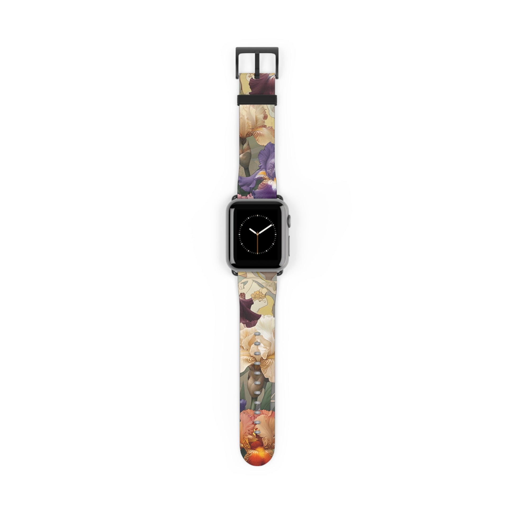 Iris Reverie Apple Watch band with watch face featuring vibrant iris flowers in purple, gold, and warm floral tones