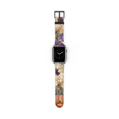 Iris Reverie Apple Watch band with watch face featuring vibrant iris flowers in purple, gold, and warm floral tones