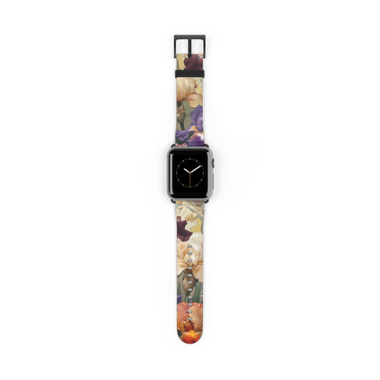 Iris Reverie Apple Watch band with watch face featuring vibrant iris flowers in purple, gold, and warm floral tones
