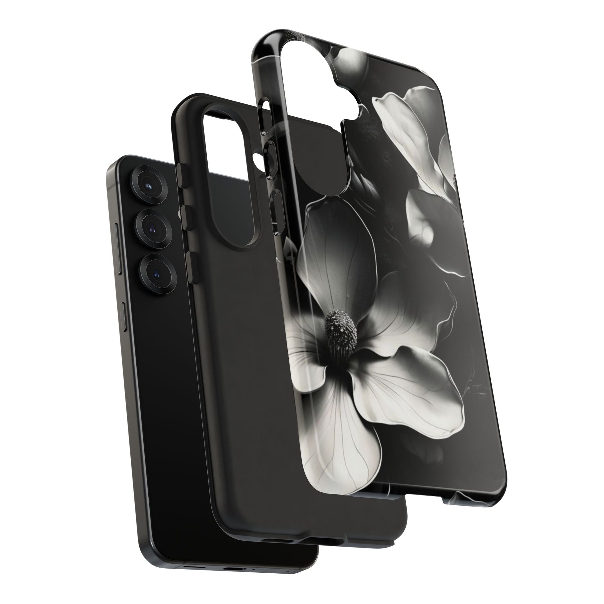 Monochrome Magnolia - Elegant Black & White Floral Samsung Galaxy S25 Tough Phone Case - Artistic Magnolia Design