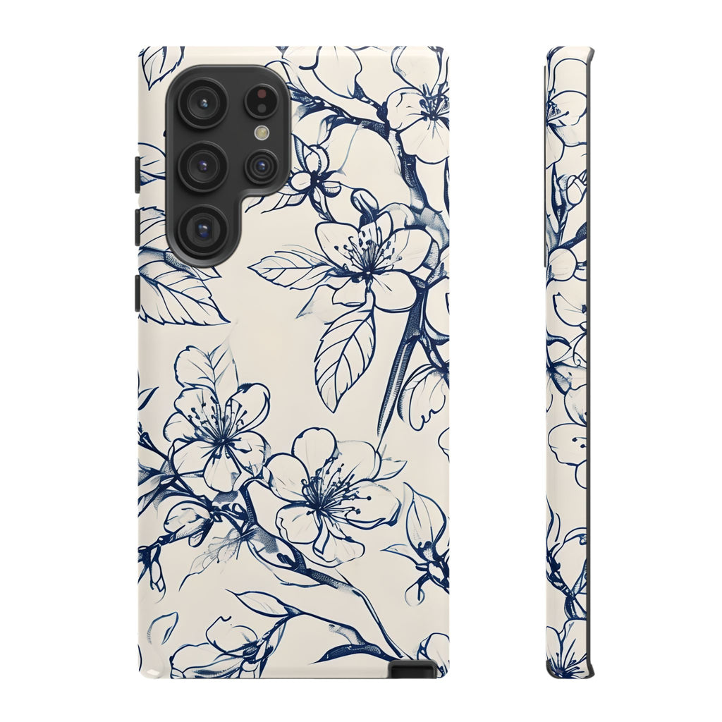 Blossom Sketch - Artistic Blue Floral Samsung Galaxy S22 Ultra Tough Phone Case - Hand-Drawn Botanical Design