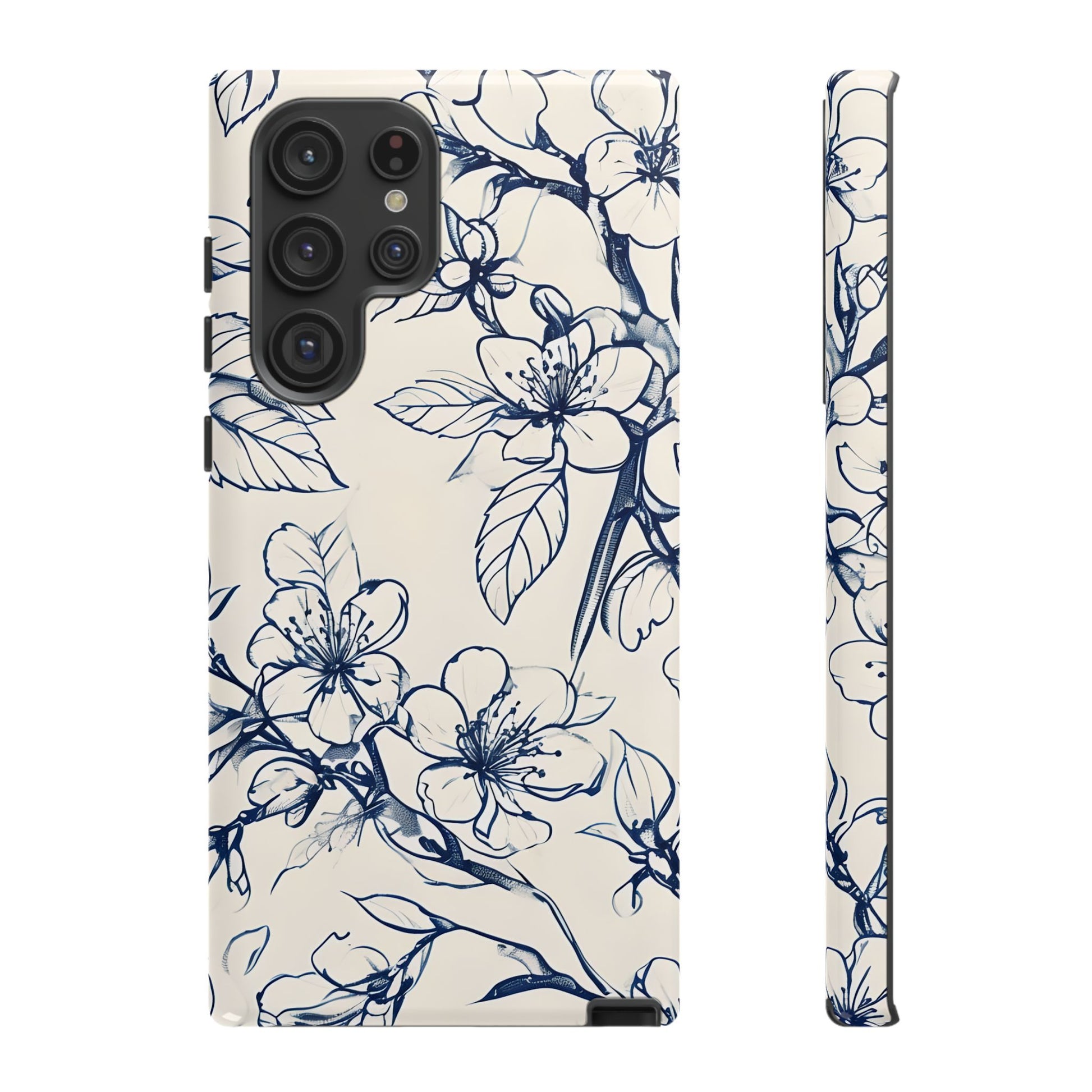 Blossom Sketch - Artistic Blue Floral Samsung Galaxy S22 Ultra Tough Phone Case - Hand-Drawn Botanical Design