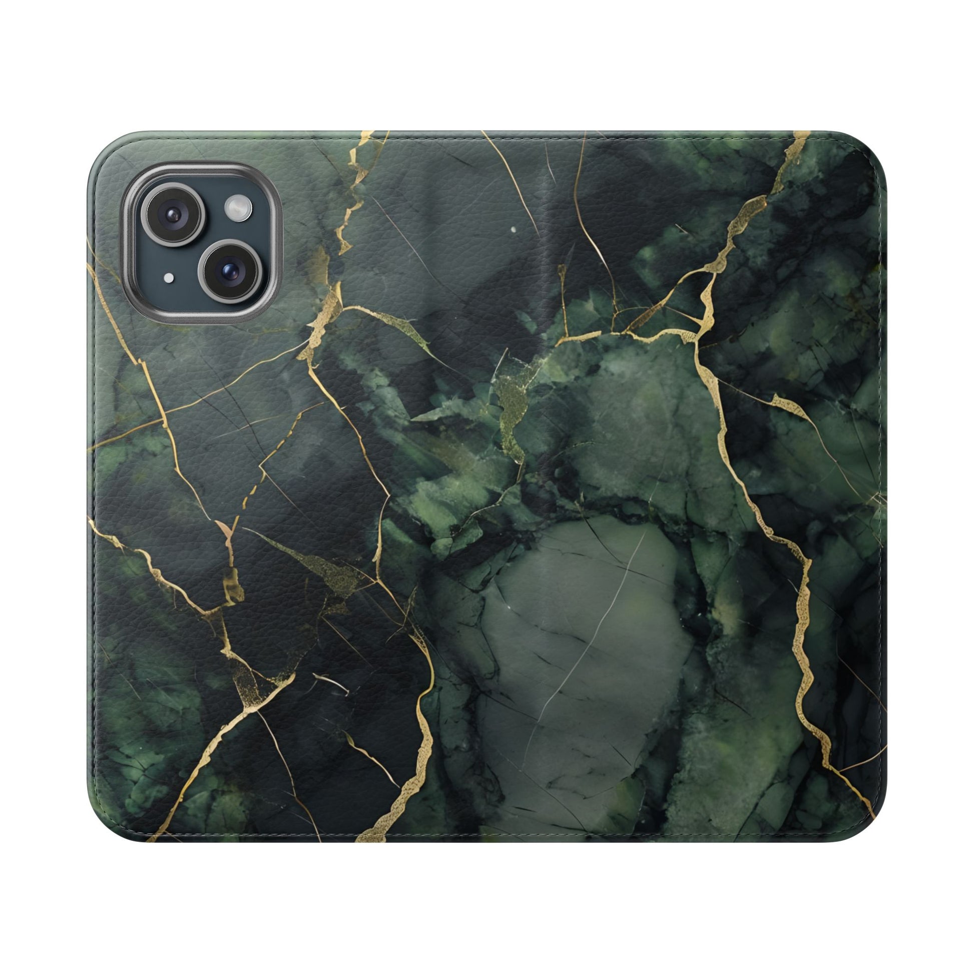 Verdant Vein - Green Marble Design Wallet Phone Case for iPhone 15