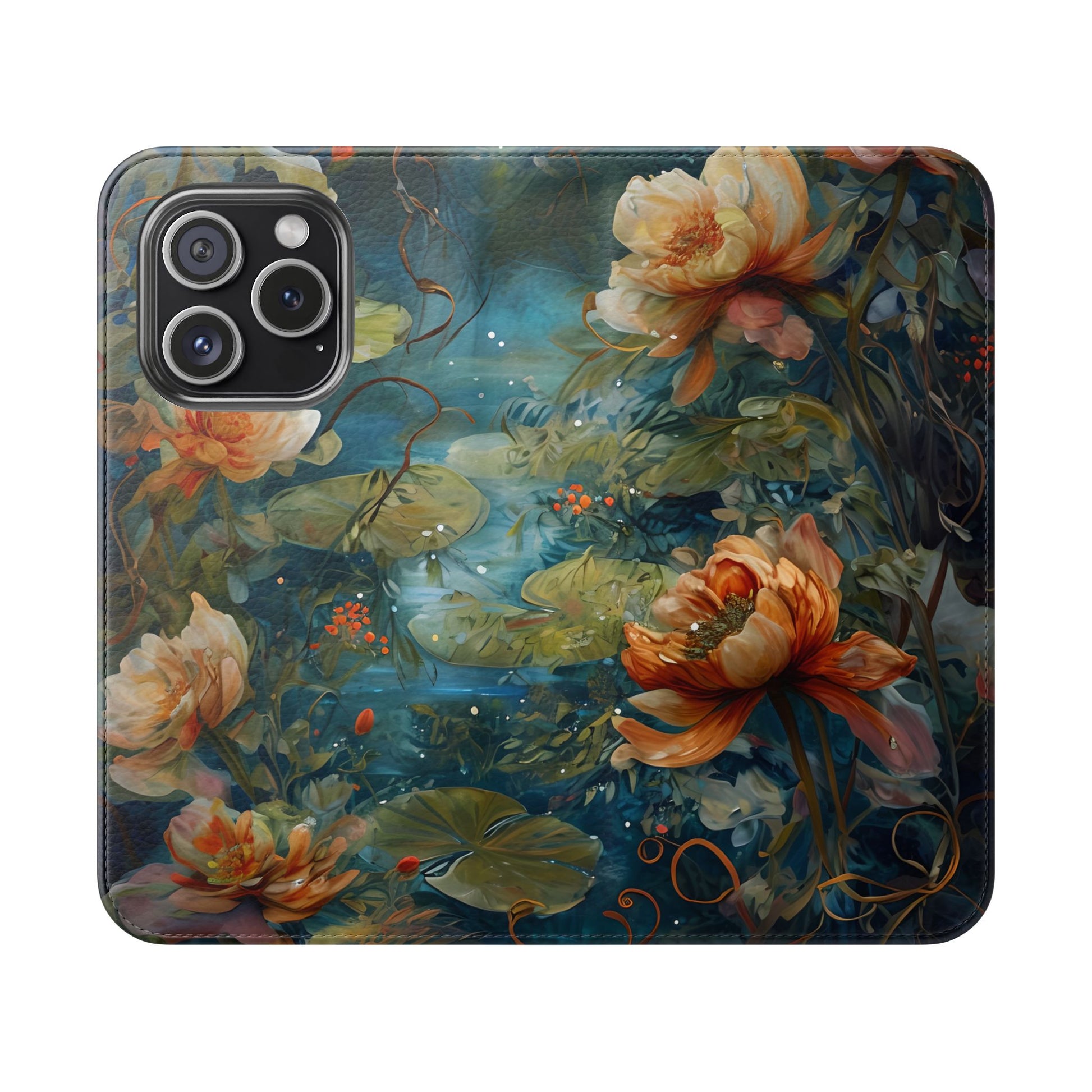 Waterlily Nocturne iPhone 15 Pro Wallet Case - Elegant Floral Flip Cover, Vintage Botanical Phone Folio