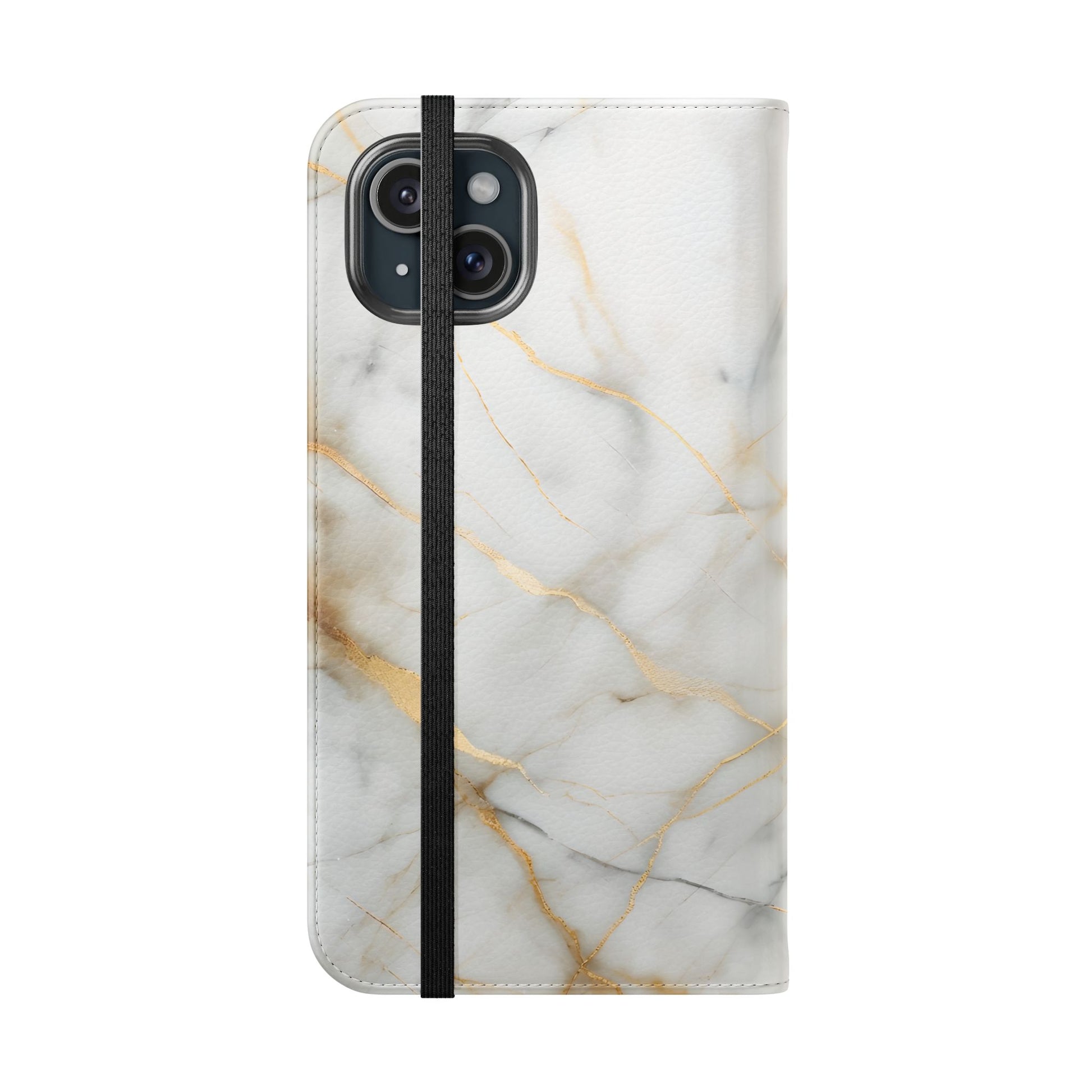 Golden Vein Wallet Phone Case - Gold & White Marble Design - Flip Cover for iPhone 15 Plus