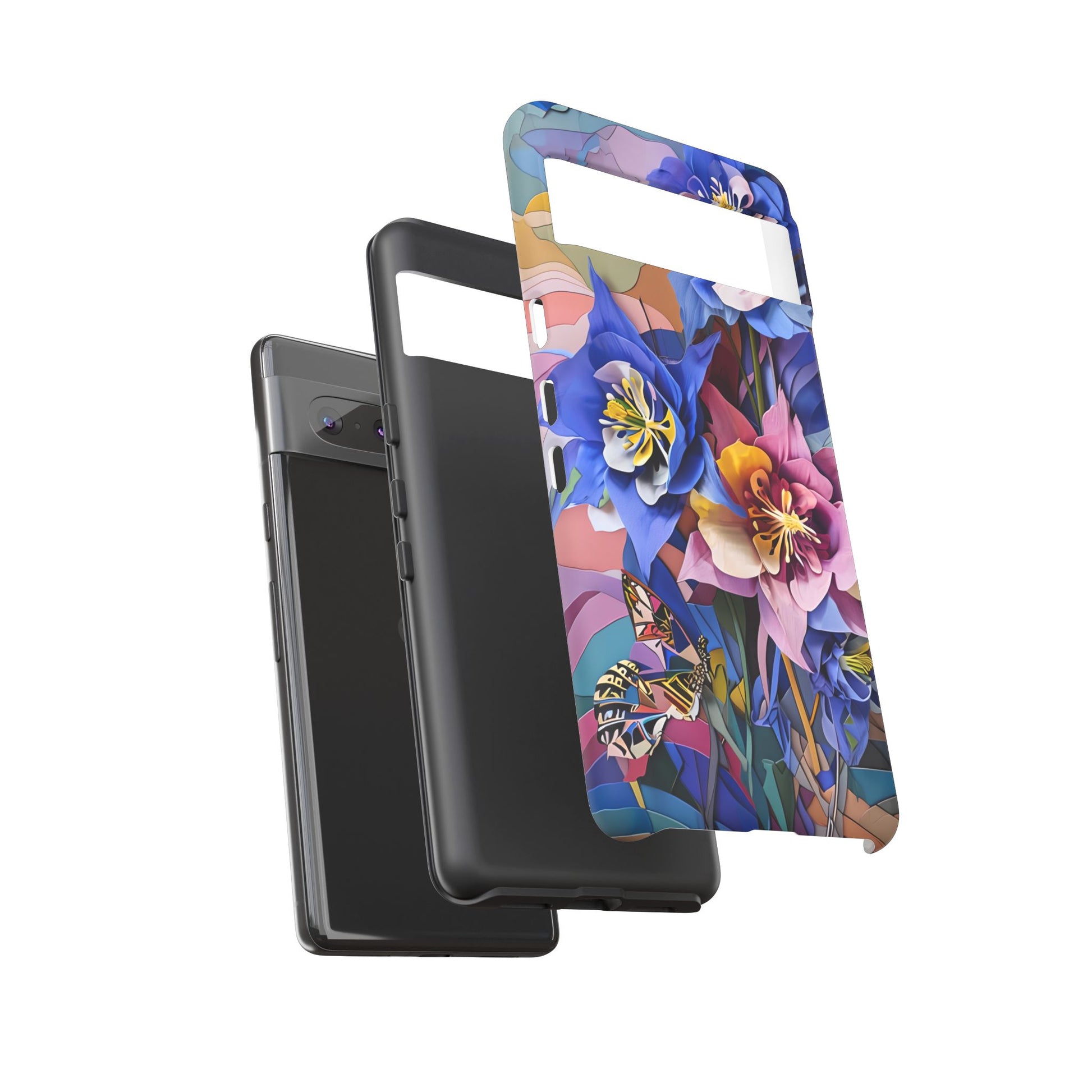 Blue Columbine Carnivale - Artistic Floral & Butterfly Google Pixel 7 Tough Phone Case - Vibrant Botanical Design