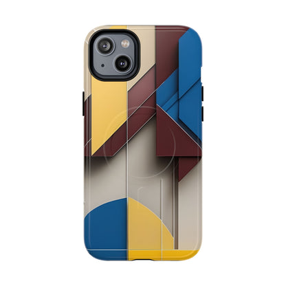 Chromatic Construct abstract geometric iPhone 14 Plus MagSafe case featuring layered color block shapes in blue, red, yellow, and neutral tones.