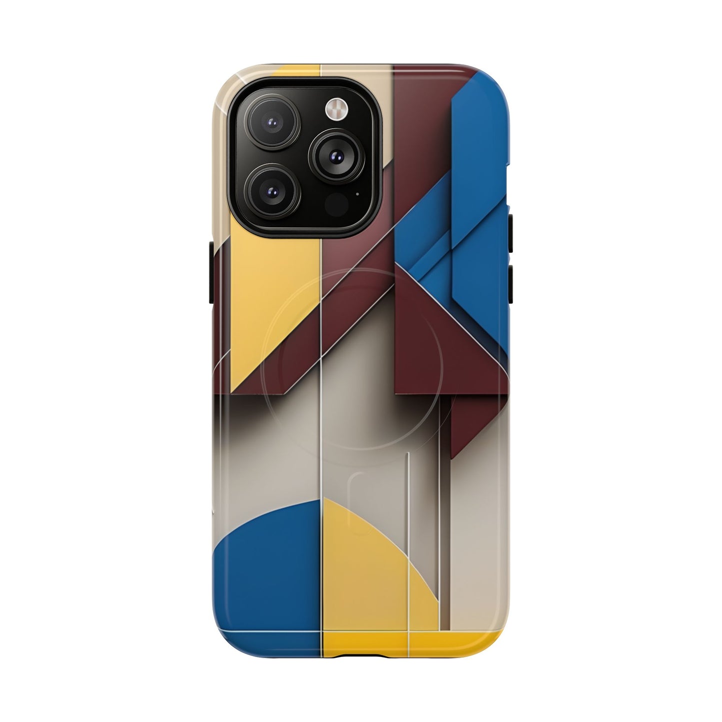 Chromatic Construct abstract geometric iPhone 14 Pro Max MagSafe case featuring layered color block shapes in blue, red, yellow, and neutral tones.