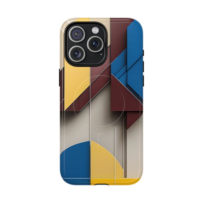 Chromatic Construct abstract geometric iPhone 15 Pro Max MagSafe case featuring layered color block shapes in blue, red, yellow, and neutral tones.
