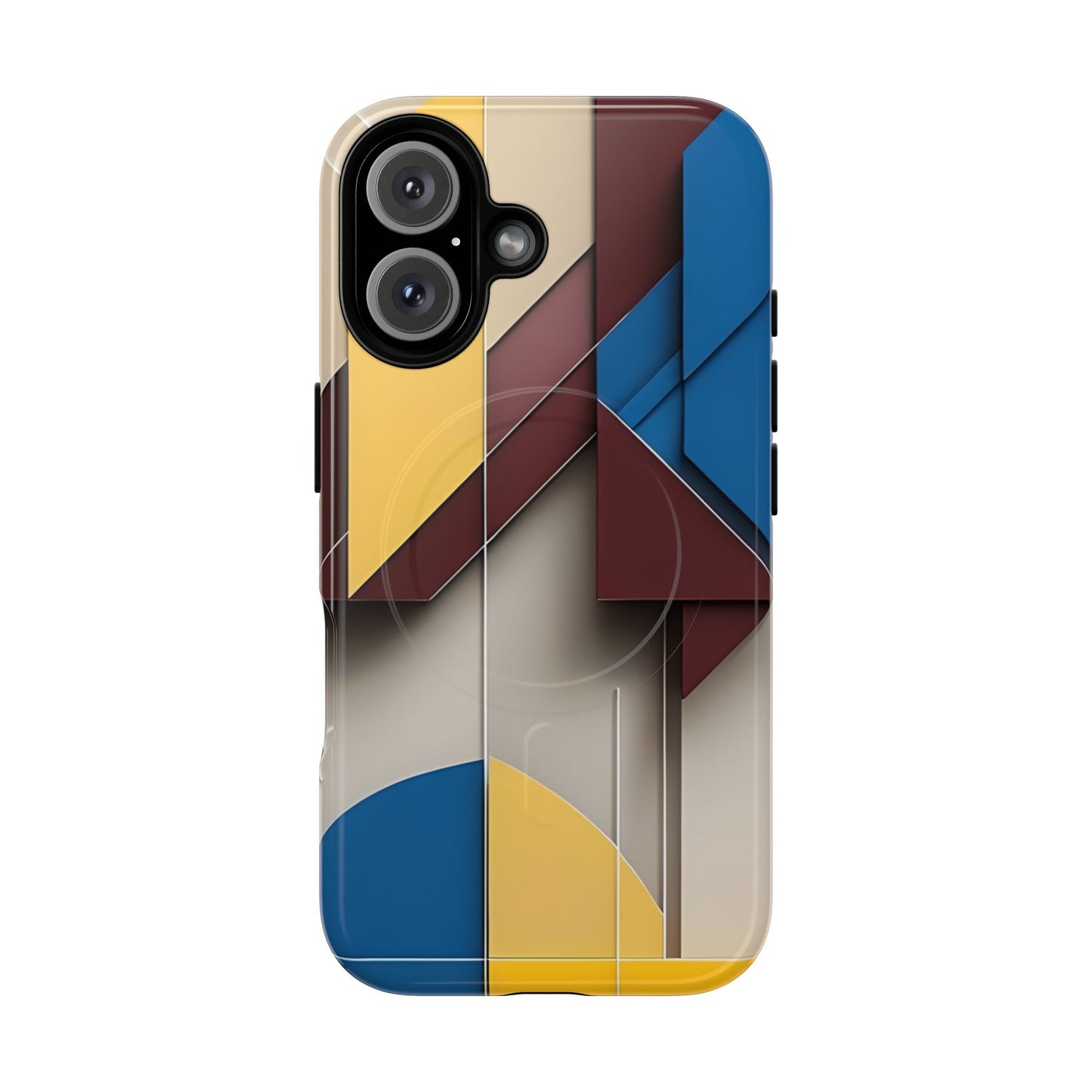 Chromatic Construct abstract geometric iPhone 16 MagSafe case featuring layered color block shapes in blue, red, yellow, and neutral tones.