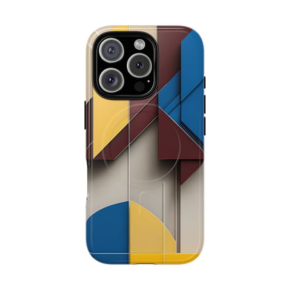 Chromatic Construct abstract geometric iPhone 16 Pro MagSafe case featuring layered color block shapes in blue, red, yellow, and neutral tones.