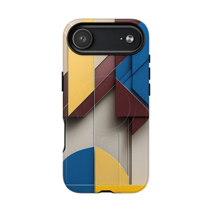 Chromatic Construct abstract geometric iPhone 17 Air MagSafe case featuring layered color block shapes in blue, red, yellow, and neutral tones.
