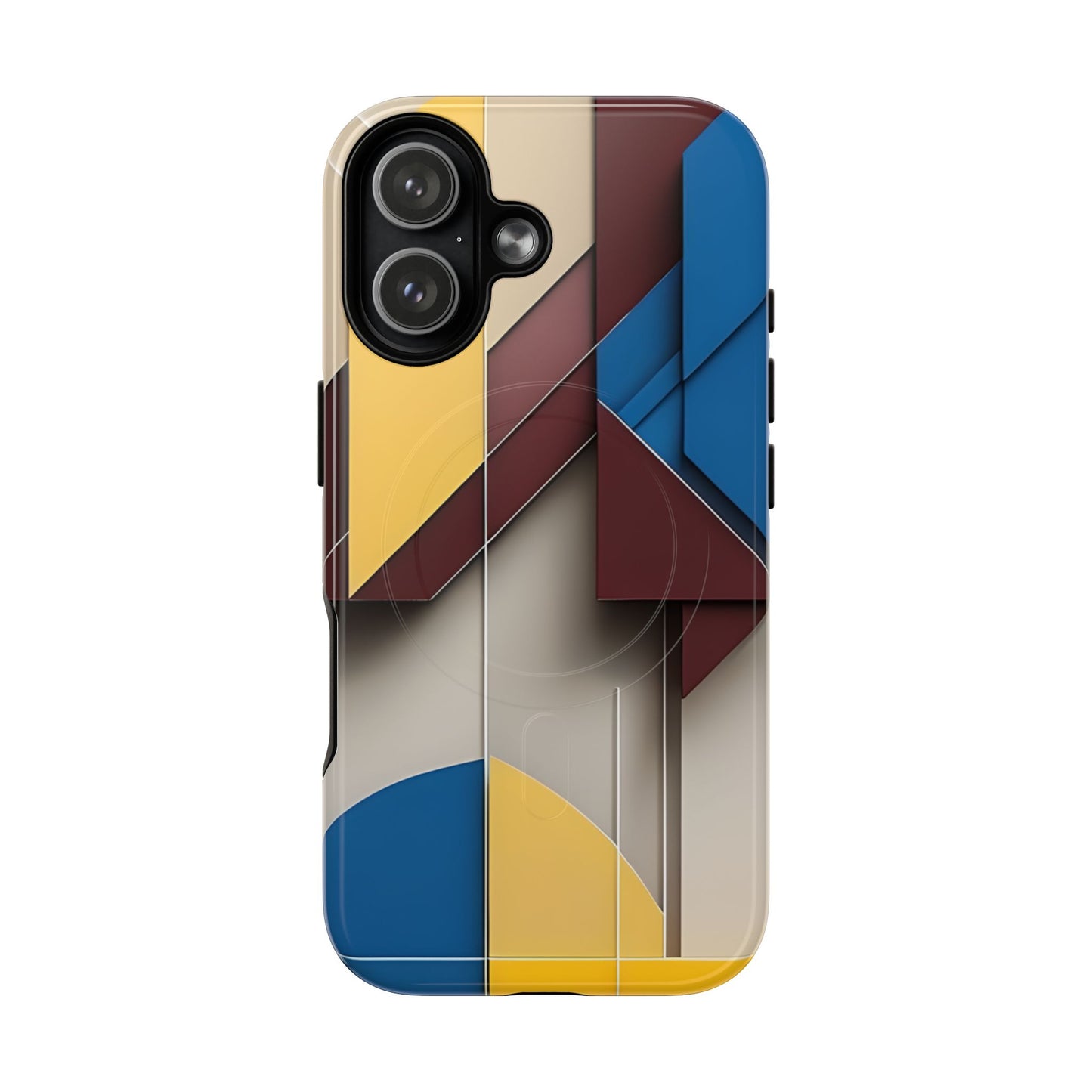 Chromatic Construct abstract geometric iPhone 17 MagSafe case featuring layered color block shapes in blue, red, yellow, and neutral tones.