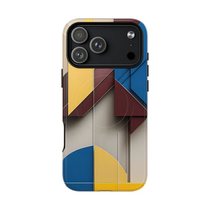 Chromatic Construct abstract geometric iPhone 17 Pro Max 
MagSafe case featuring layered color block shapes in blue, red, yellow, and neutral tones.