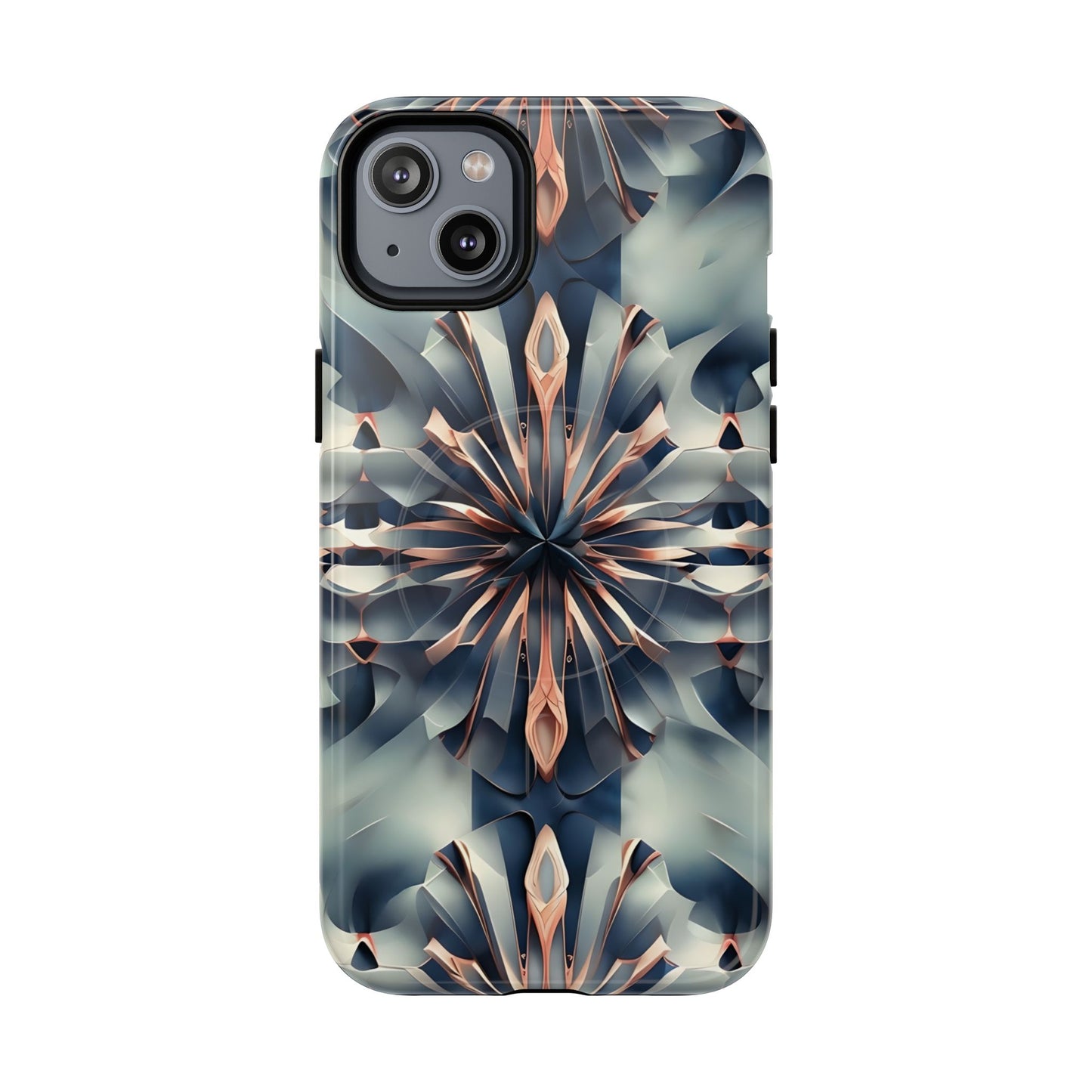Obsidian Kaleidoscope iPhone 14 Plus MagSafe case featuring an abstract geometric kaleidoscope pattern in deep blue and metallic tones.