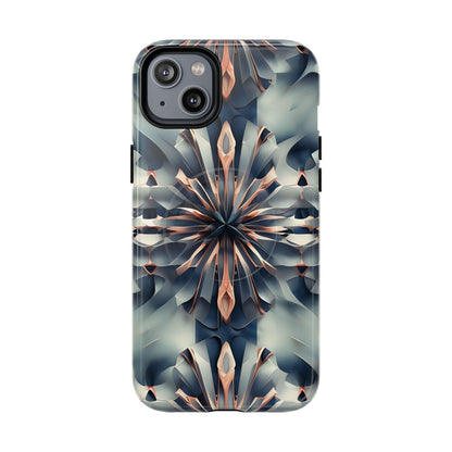 Obsidian Kaleidoscope iPhone 14 Plus MagSafe case featuring an abstract geometric kaleidoscope pattern in deep blue and metallic tones.