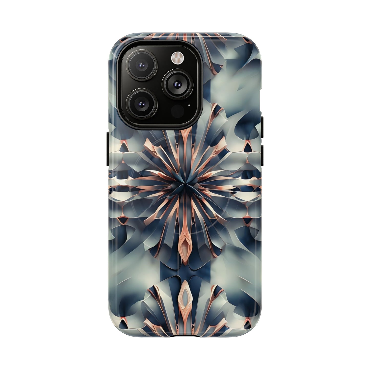 Obsidian Kaleidoscope iPhone 14 Pro MagSafe case featuring an abstract geometric kaleidoscope pattern in deep blue and metallic tones.