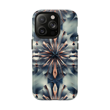 Obsidian Kaleidoscope iPhone 14 Pro MagSafe case featuring an abstract geometric kaleidoscope pattern in deep blue and metallic tones.