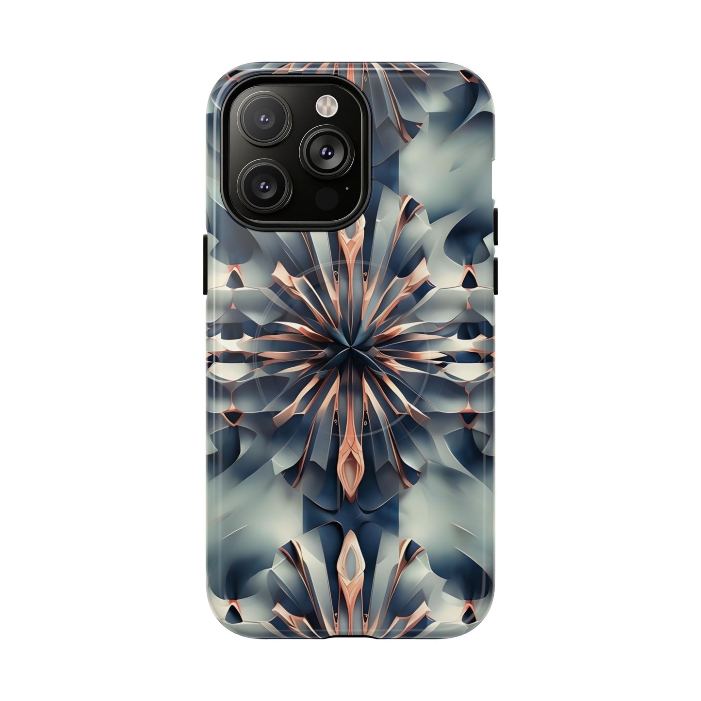 Obsidian Kaleidoscope iPhone 14 Pro Max MagSafe case featuring an abstract geometric kaleidoscope pattern in deep blue and metallic tones.