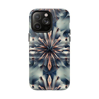 Obsidian Kaleidoscope iPhone 14 Pro Max MagSafe case featuring an abstract geometric kaleidoscope pattern in deep blue and metallic tones.