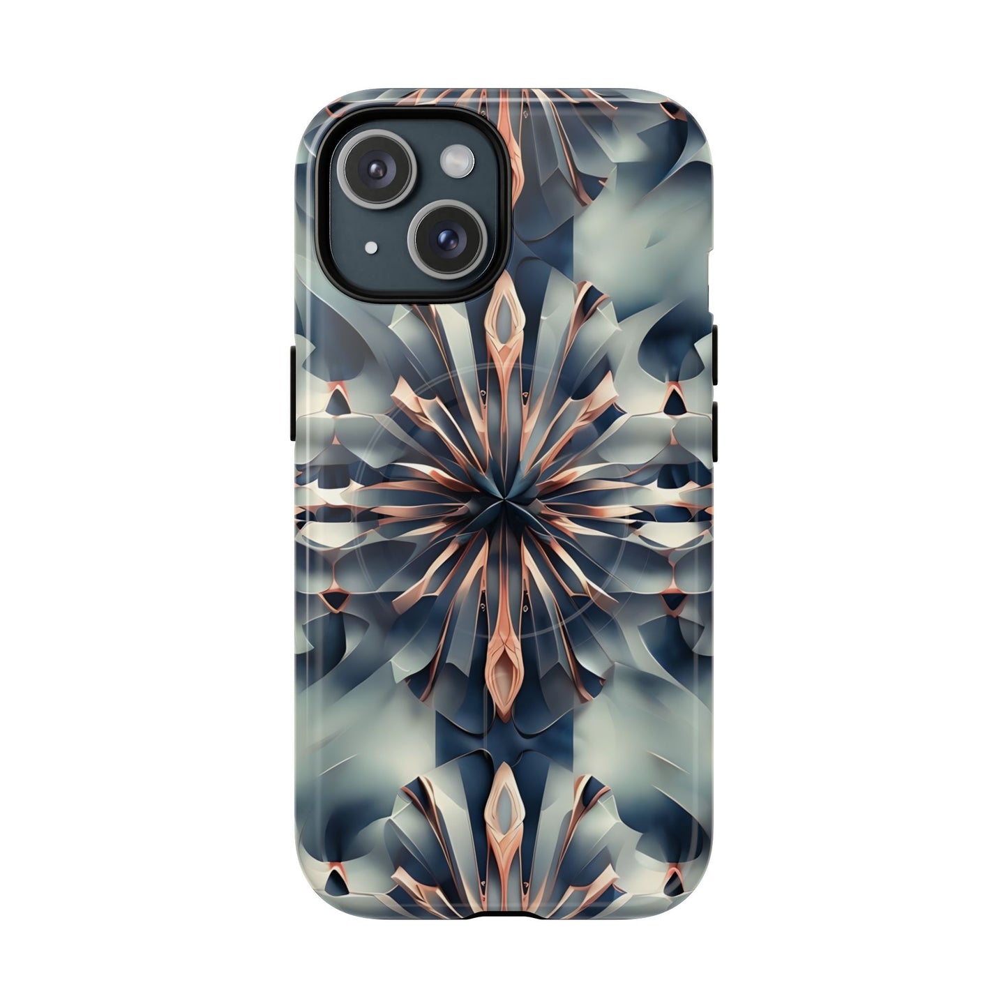 Obsidian Kaleidoscope iPhone 15 MagSafe case featuring an abstract geometric kaleidoscope pattern in deep blue and metallic tones.
