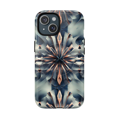 Obsidian Kaleidoscope iPhone 15 MagSafe case featuring an abstract geometric kaleidoscope pattern in deep blue and metallic tones.