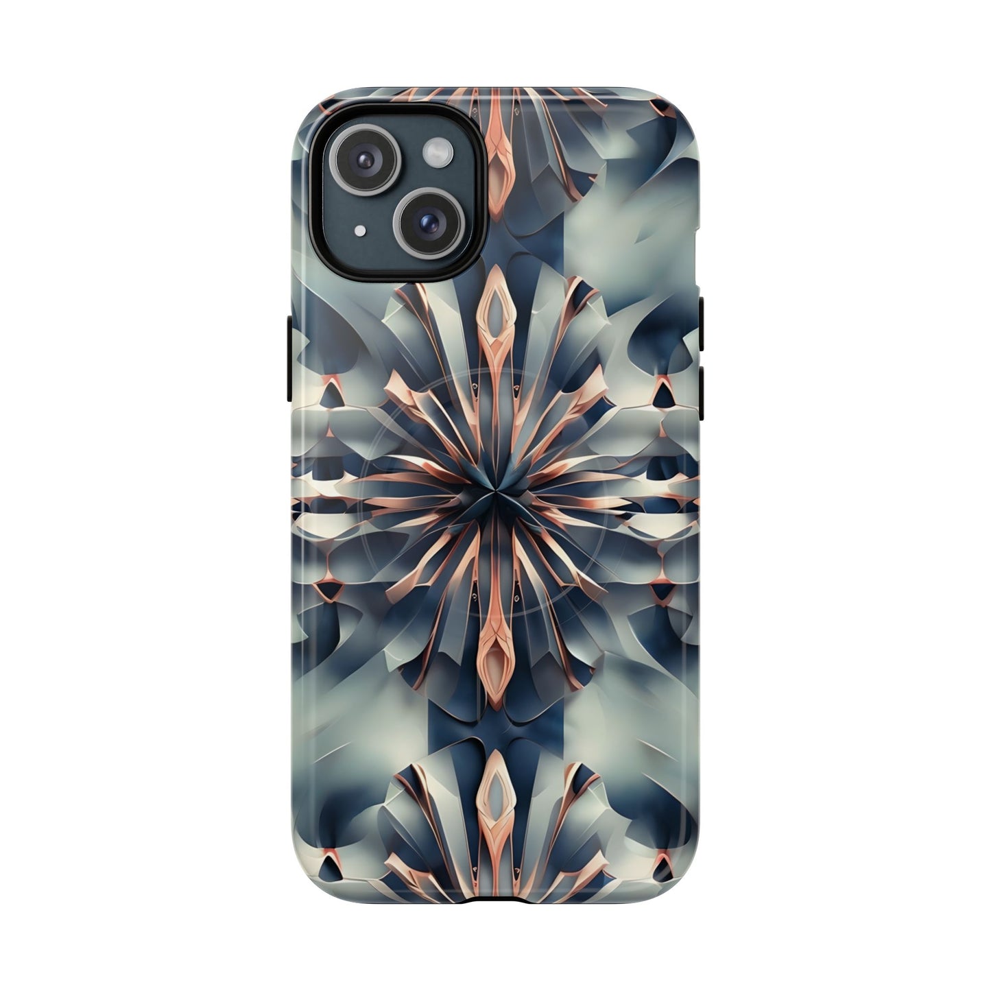 Obsidian Kaleidoscope iPhone 15 Plus MagSafe case featuring an abstract geometric kaleidoscope pattern in deep blue and metallic tones.