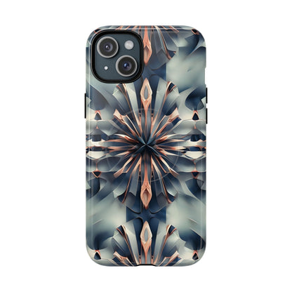 Obsidian Kaleidoscope iPhone 15 Plus MagSafe case featuring an abstract geometric kaleidoscope pattern in deep blue and metallic tones.