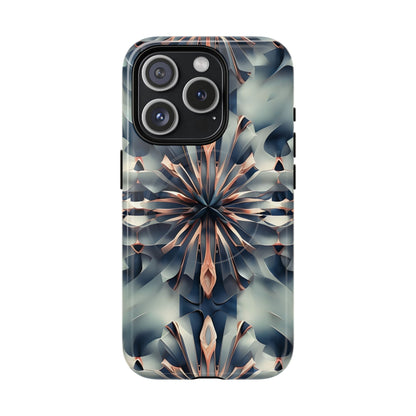 Obsidian Kaleidoscope iPhone 15 Pro MagSafe case featuring an abstract geometric kaleidoscope pattern in deep blue and metallic tones.