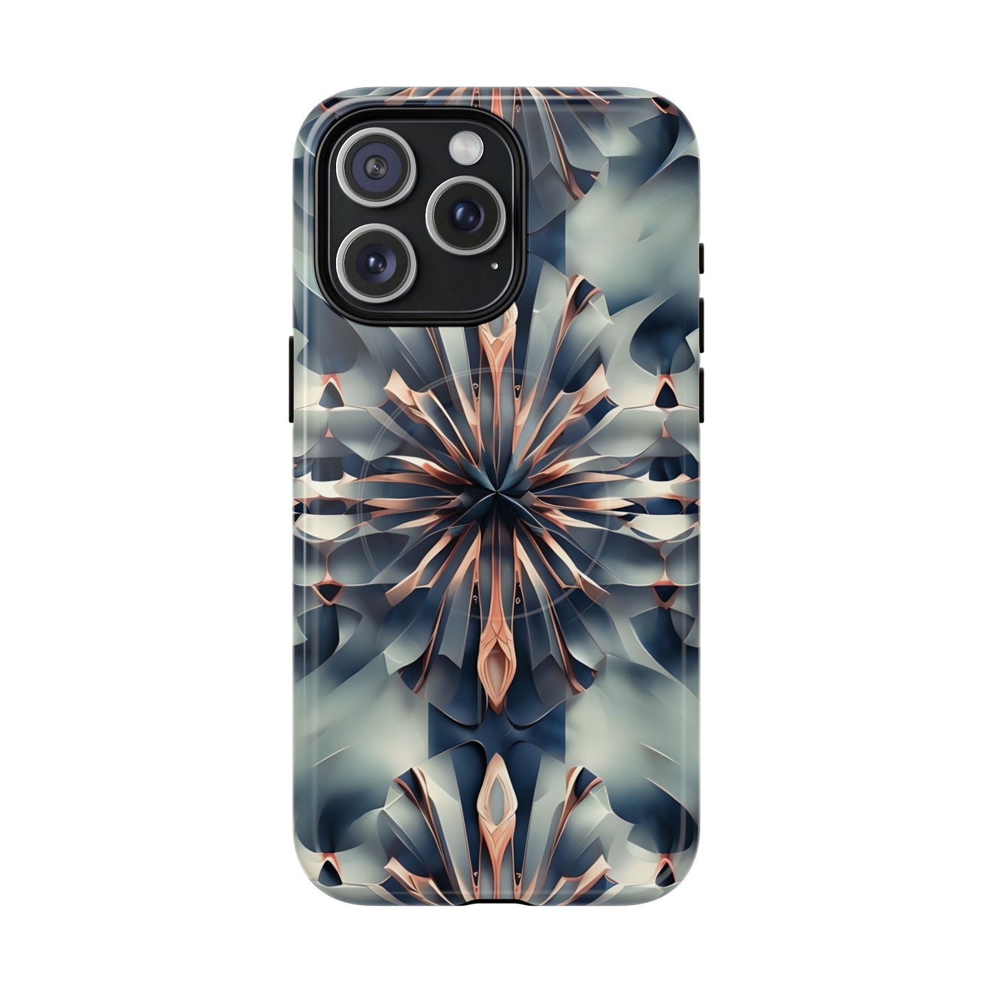 Obsidian Kaleidoscope iPhone 15 Pro Max MagSafe case featuring an abstract geometric kaleidoscope pattern in deep blue and metallic tones.