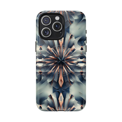 Obsidian Kaleidoscope iPhone 15 Pro Max MagSafe case featuring an abstract geometric kaleidoscope pattern in deep blue and metallic tones.