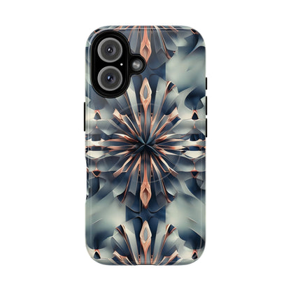 Obsidian Kaleidoscope iPhone 16 MagSafe case featuring an abstract geometric kaleidoscope pattern in deep blue and metallic tones.