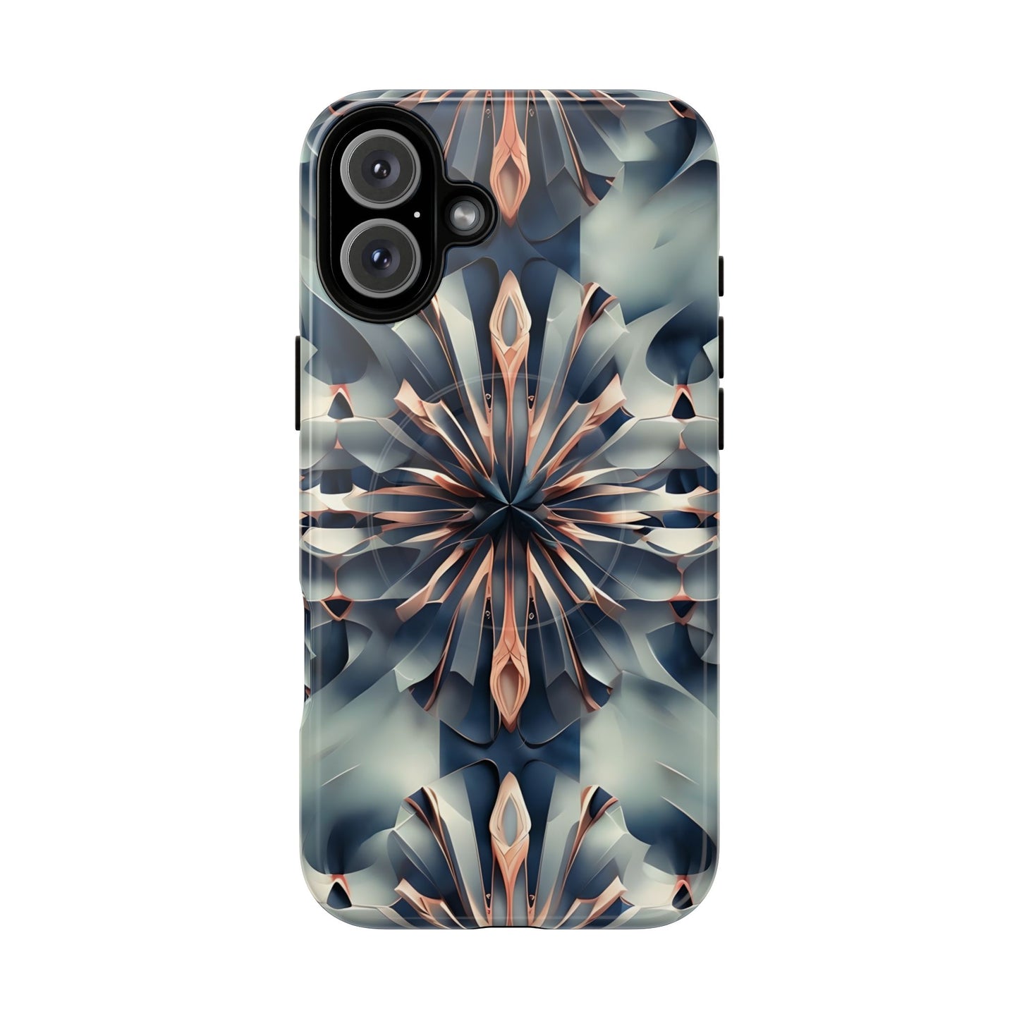 Obsidian Kaleidoscope iPhone 16 Plus MagSafe case featuring an abstract geometric kaleidoscope pattern in deep blue and metallic tones.