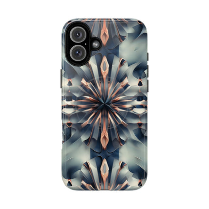 Obsidian Kaleidoscope iPhone 16 Plus MagSafe case featuring an abstract geometric kaleidoscope pattern in deep blue and metallic tones.