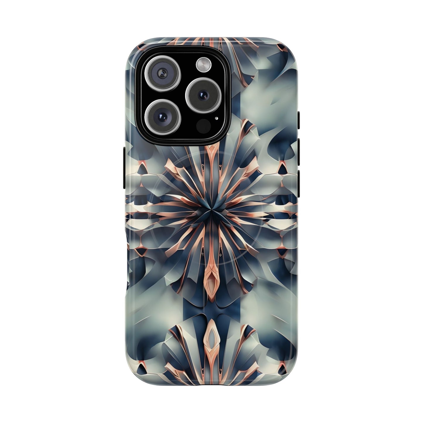 Obsidian Kaleidoscope iPhone 16 Pro MagSafe case featuring an abstract geometric kaleidoscope pattern in deep blue and metallic tones.