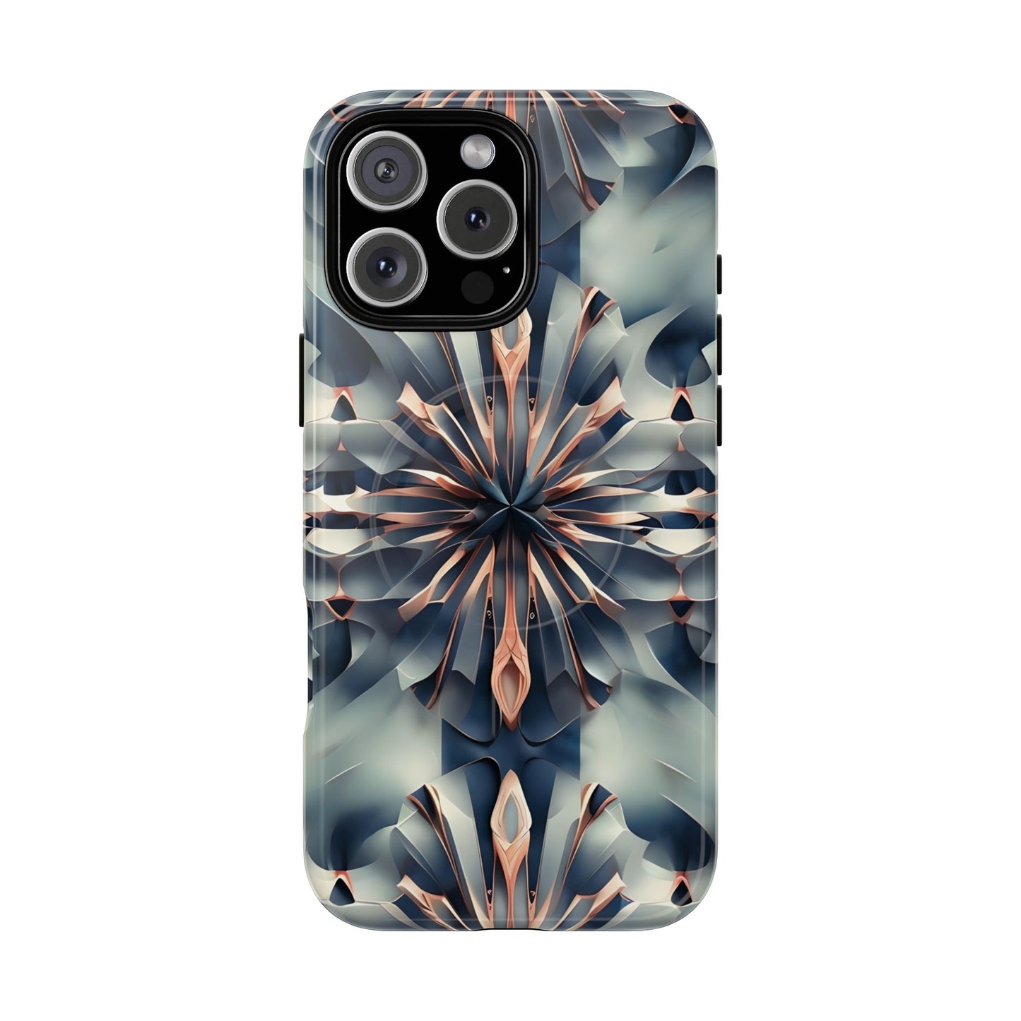 Obsidian Kaleidoscope iPhone 16 Pro Max MagSafe case featuring an abstract geometric kaleidoscope pattern in deep blue and metallic tones.
