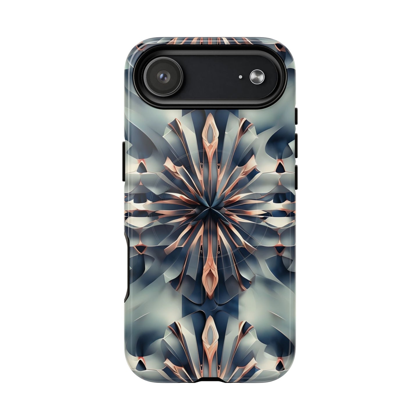 Obsidian Kaleidoscope iPhone 17 Air MagSafe case featuring an abstract geometric kaleidoscope pattern in deep blue and metallic tones.