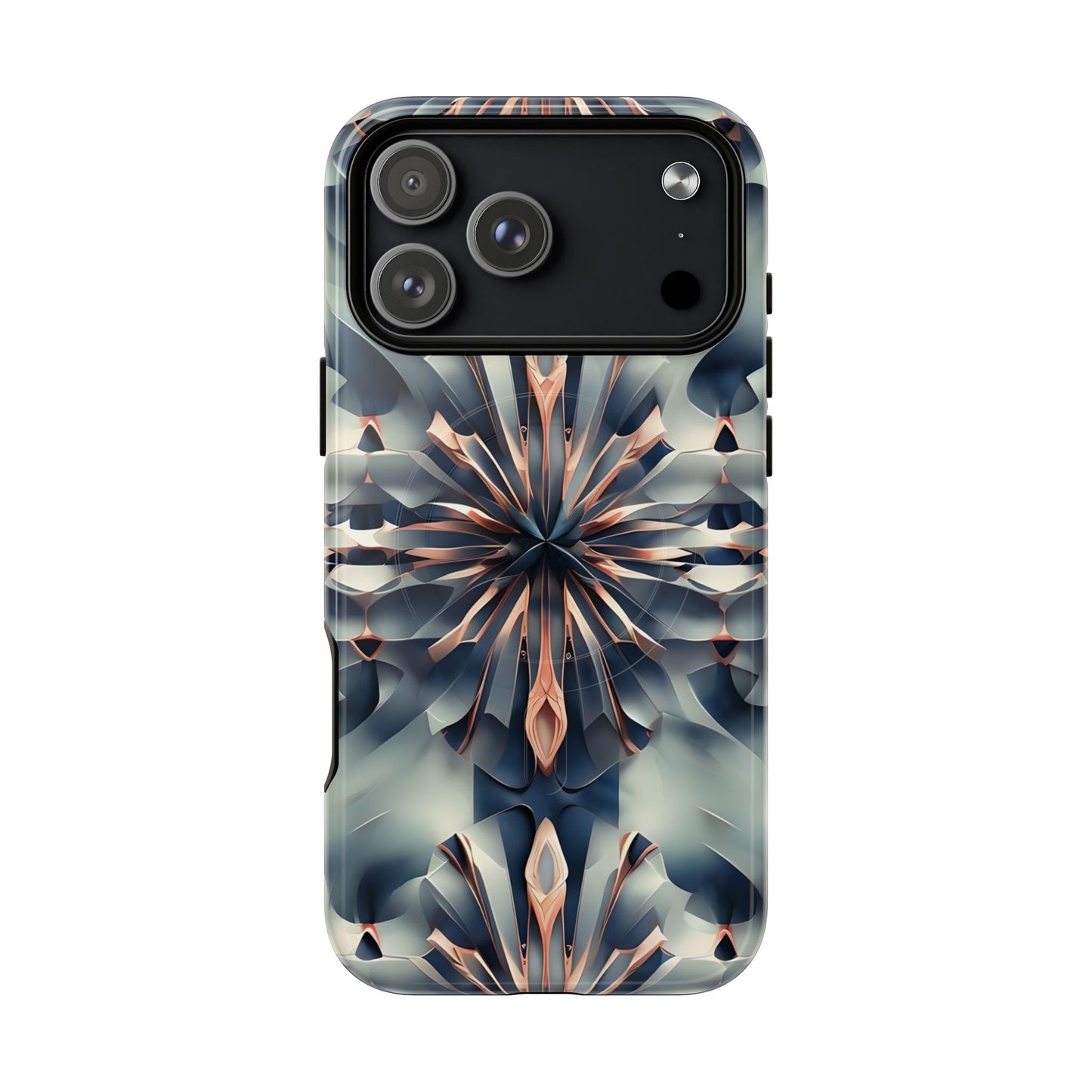 Obsidian Kaleidoscope iPhone 17 Pro Max MagSafe case featuring an abstract geometric kaleidoscope pattern in deep blue and metallic tones.