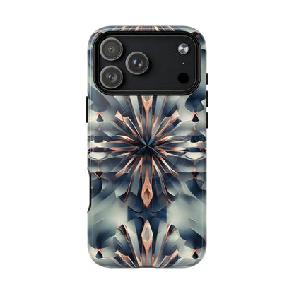 Obsidian Kaleidoscope iPhone 17 Pro Max MagSafe case featuring an abstract geometric kaleidoscope pattern in deep blue and metallic tones.