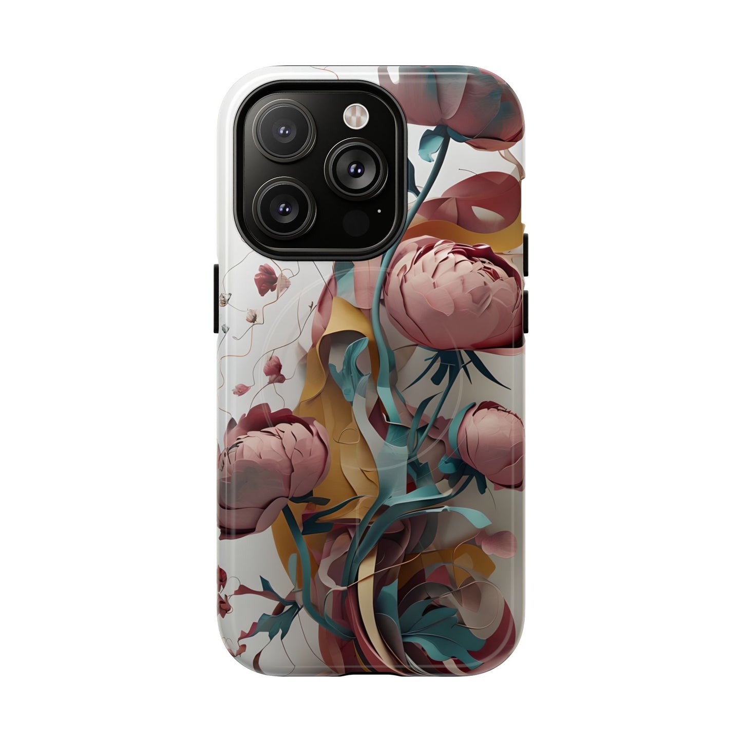 Abstract peony floral iPhone 14 Pro MagSafe phone case with modern botanical flower design