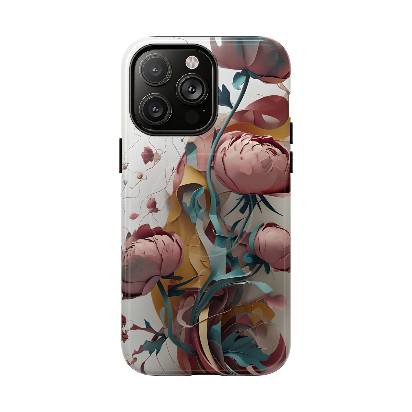 Abstract peony floral iPhone 14 Pro Max MagSafe phone case with modern botanical flower design