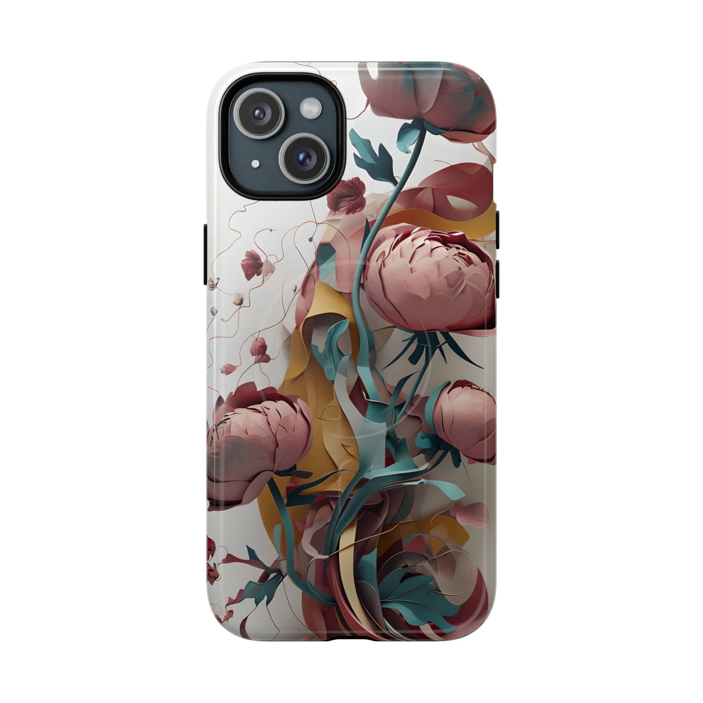 Abstract peony floral iPhone 15 Plus MagSafe phone case with modern botanical flower design