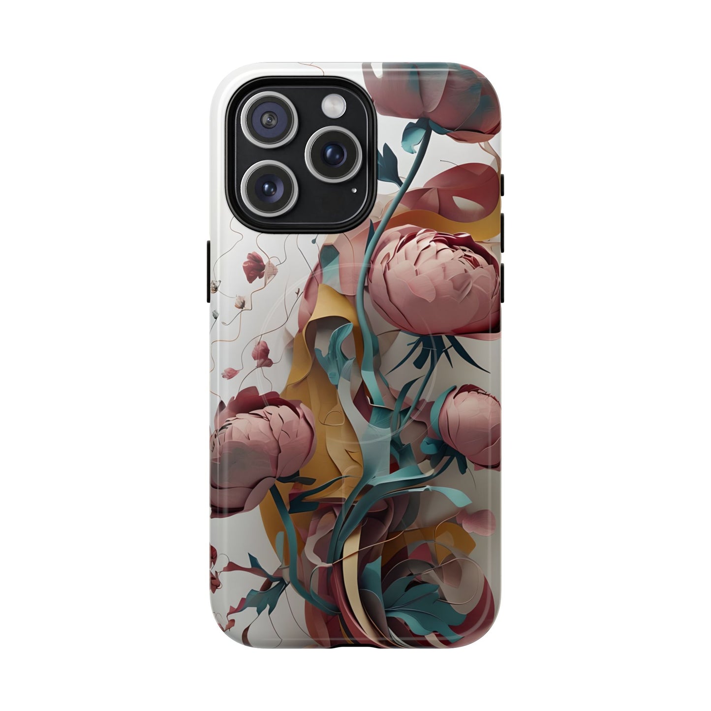 Abstract peony floral iPhone 15 Pro Max MagSafe phone case with modern botanical flower design