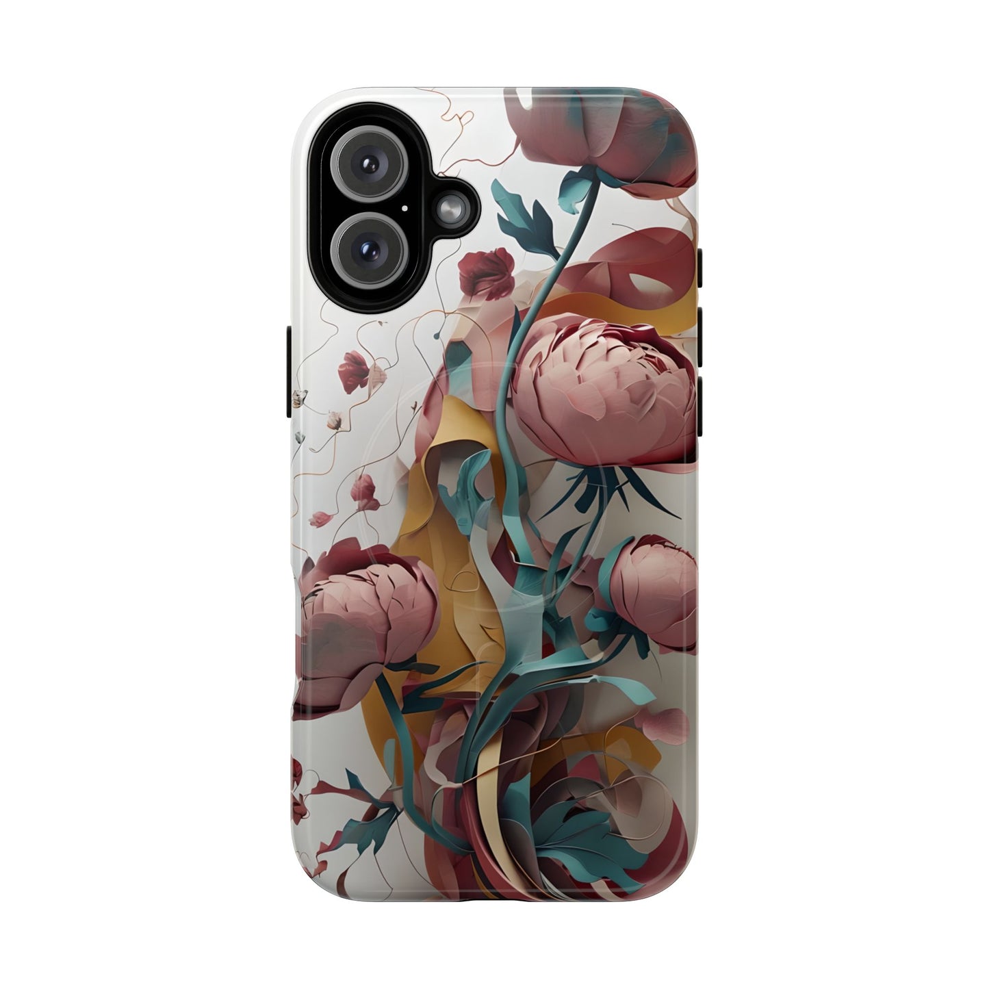 Abstract peony floral iPhone 16 Plus MagSafe phone case with modern botanical flower design