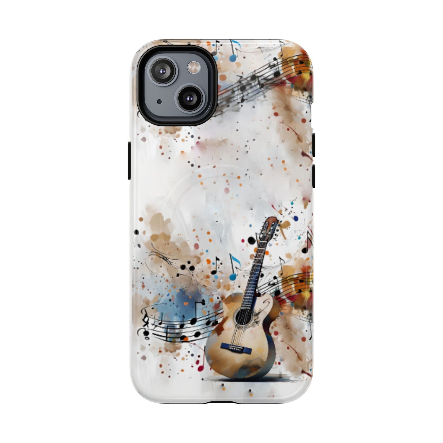 Strum and Flow iPhone 14 Plus  MagSafe case featuring an acoustic guitar with flowing musical notes and colorful abstract paint splashes.