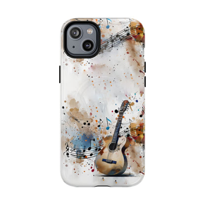 Strum and Flow iPhone 14 Plus  MagSafe case featuring an acoustic guitar with flowing musical notes and colorful abstract paint splashes.